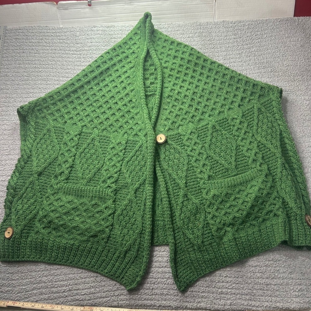 Kilronan Knitwear poncho Ireland pure merino Wool Aran Green OS Plus 90s Vintage
